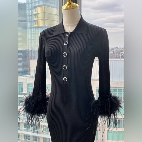 🆕 REBECCA VALLANCE 🧿 NWOT Soraya Feather-Trimmed Knit Midi Dress, Black - Sz S - Picture 5 of 14
